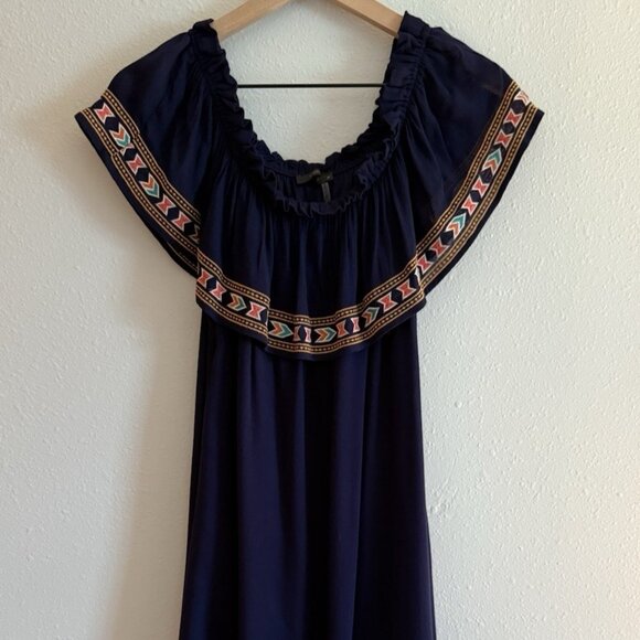 THML Sz M Off The Shoulder Embroidered Lined Mini Dress Navy Blue - Picture 1 of 16